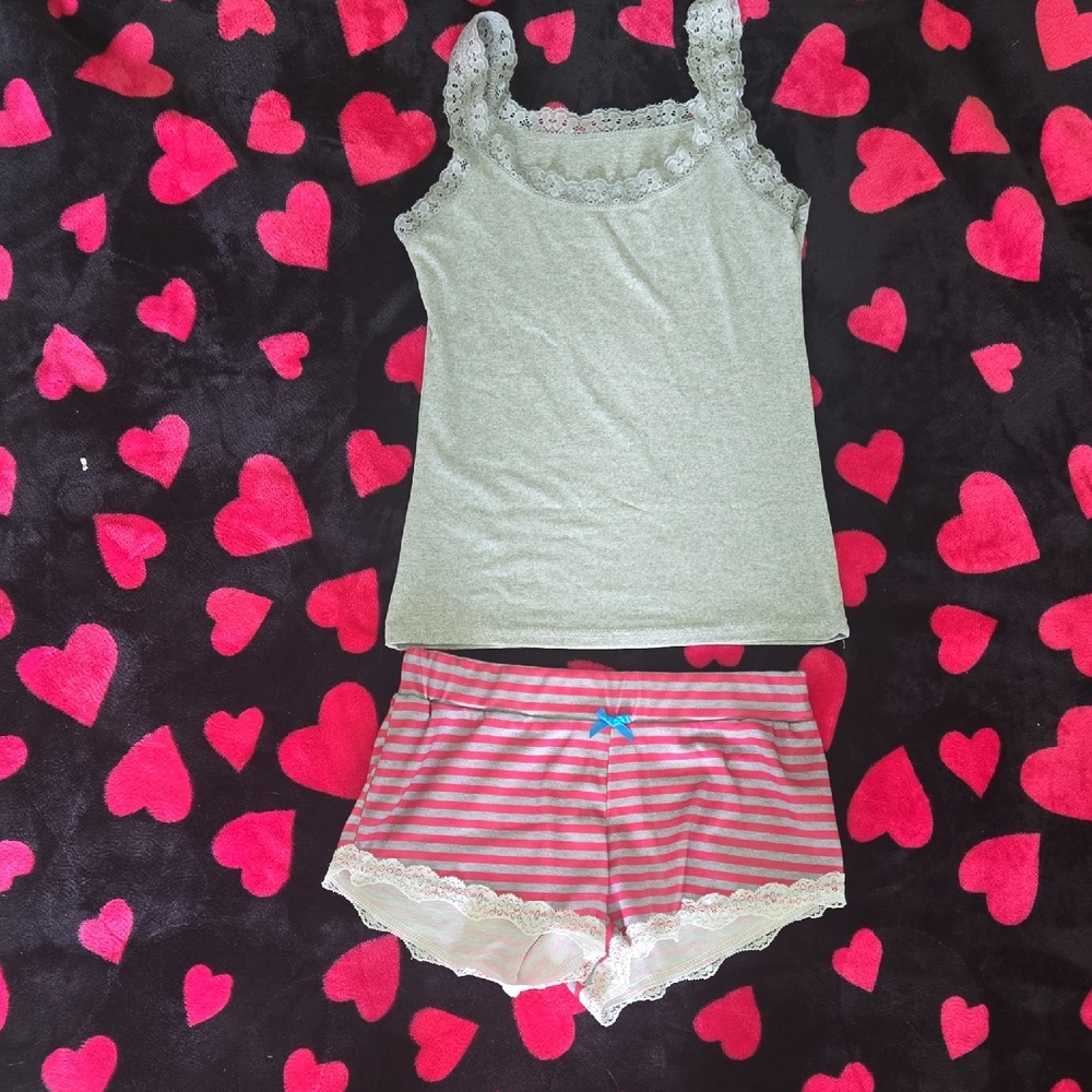 Y2K Lace Trim Pajama Set | Gray Cami & Pink Stripe Shorts | Cute Sleepwear Small